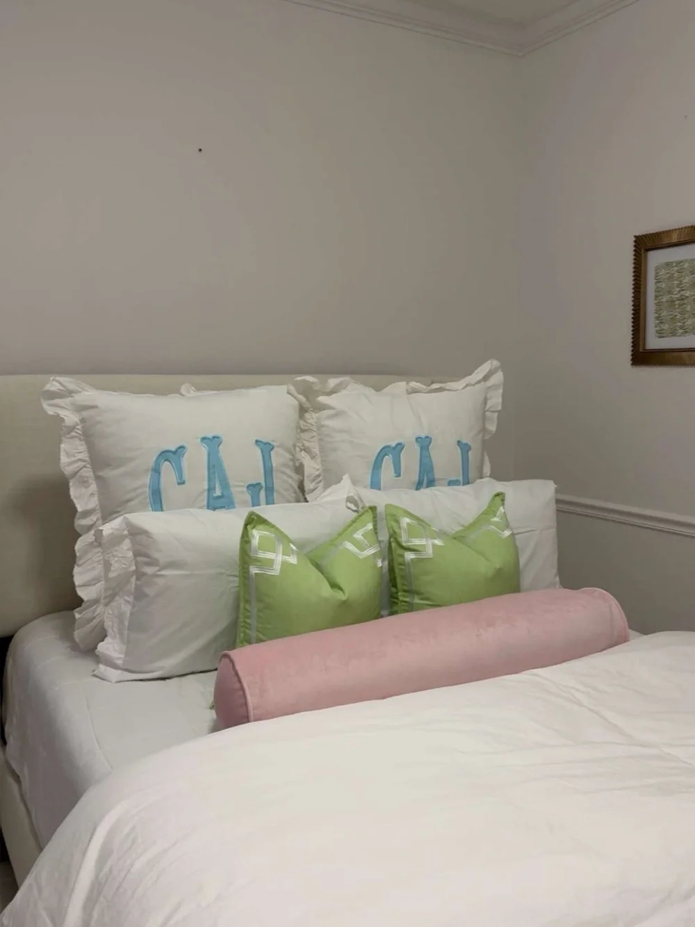 Embroidered Monogram Throw Pillow - White with Light Blue Letters